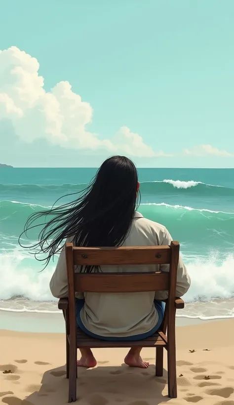 30 year old Indonesian male ,   with gondrong hair seen from behind sitting by the beach with a wooden chair facing straight to the beach