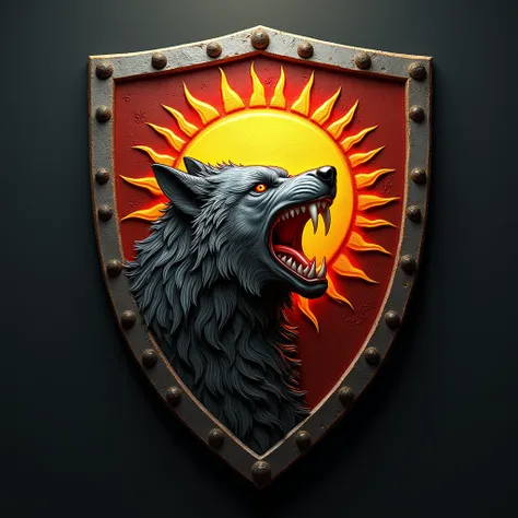 ( Photorealistic, definition 8k ,  high resolution , supreme quality)  Heraldic shield of the tribe of Sun invaders with the image of a sun being devoured by a wolf. A sun in the jaws of a gray wolf . very stylized