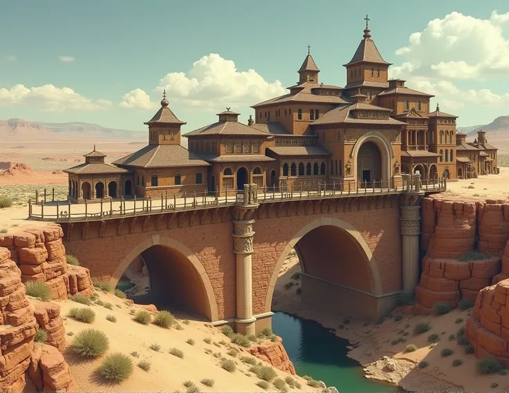 desert scenery,  The full view of small wooden houses piled up on top of a large bridge,  village built on top of a large bridge ., 1920s buildings , Old West style , House built on the Ponte , inspiration Londo Bridge medieval ,  Complete and refined view...