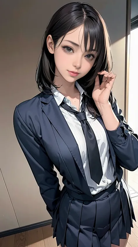 Young female, delinquent disciplinarian, gyaru vibe, detailed and stylish makeup, black or dark brown medium-length hair, wearing small accessories, modified school uniform with a rebellious touch, confident and provocative expression, agile posture with e...