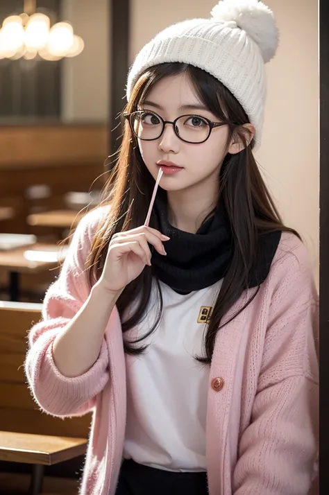 there is a woman that is eating a doughnut in a restaurant, wearing small round glasses, wearing thin large round glasses, cute and adorable white fluffy beanie, red scarf, girl wearing round glasses, thick round spectacles, with square glasses, ulzzang, w...