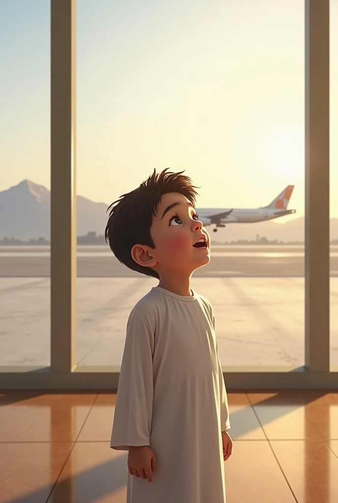 "A young Muslim boy, around 7-, dressed in white Ihram, standing near an airport window. In the background, an airplane with soft sunlight and distant mountains signifies his journey to Makkah. His face shows excitement and wonder as he looks toward the sk...