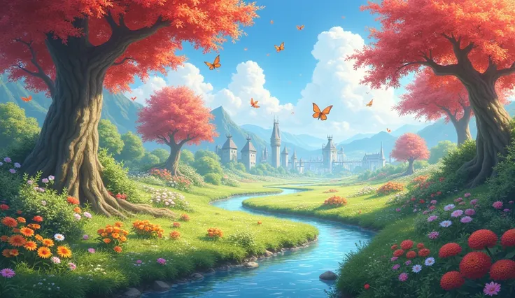 A picture of spring. There are many maple trees, there are butterflies, a variety of flowers, there are paradisiacal cities, there are streams, there are fires.
