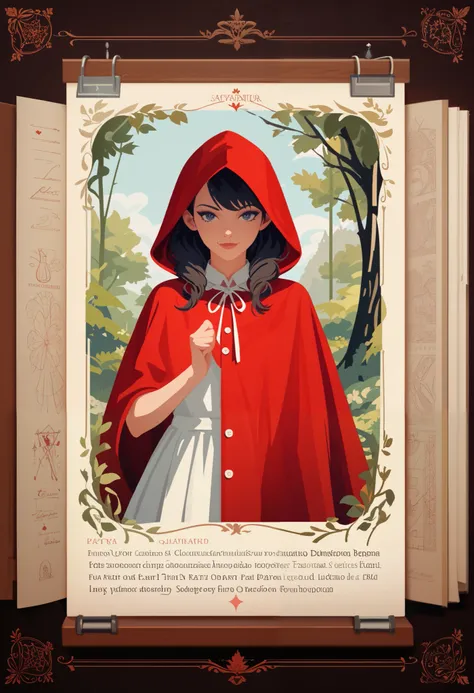 postcard design, story of Little Red Riding Hood, flat Design, anime, vector illustrations, graphic illustration, detailed 2d illustration, flat illustration, digital illustration, digital artwork, lineless, frat color, no lineart,