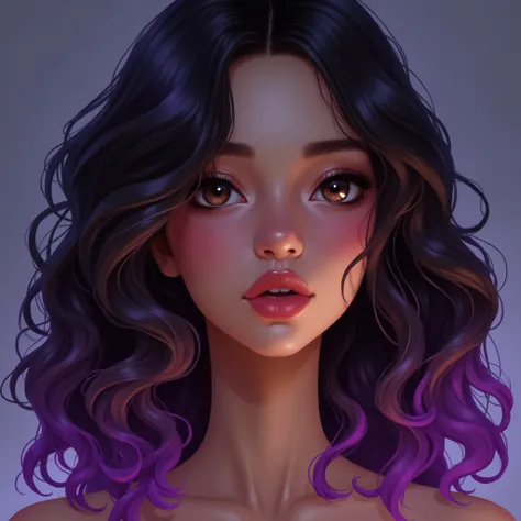 A digital art of a girl with light brown skin and dark brown eyes and dark brown hair with heavy purple highlights.