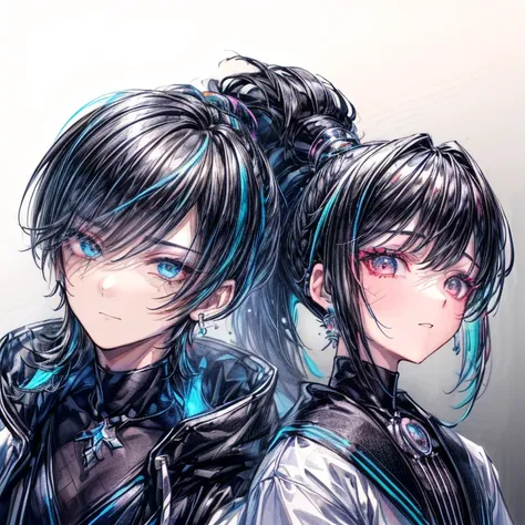 ((structure of a boy with short black hair and a girl with colorful ponytail hair relationship: 1.3)), (evil smile), ((facepaint)), ((crystal silver big earring), ((wearing headphone around neck)), wearing white futuristic jacket, ((Background of Black)), ...