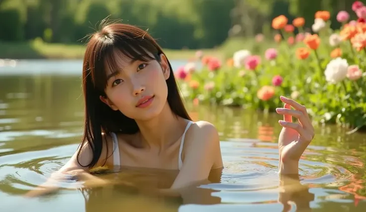 A beautiful young girl bathing in a serene lake, sunlight glistening on the water, surrounded by lush greenery and flowers, elegant pose, intricate details, photorealistic, highly detailed, 8K, masterpiece, delicate skin, flowing hair, peaceful expression,...