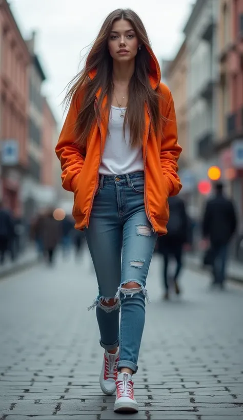 A beautiful woman with long hair beautifully flowing multicolored wearing hoodie jeans ripped shoes bots walking in the streets city street background Professional living jacket  , 4k, HD, UHD, 8K,  High detail ,           ultra definition 