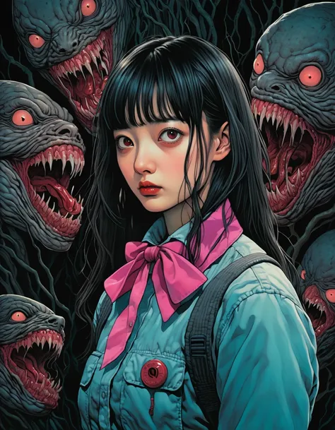 （Character） illustrations、art、From an 80&#39;s horror movie, Supervised by Junji Ito、nightmare、 high detail,  realistic shadows、 Analog Style ,  Color Difference,  complementary color gradation  、 surrealism