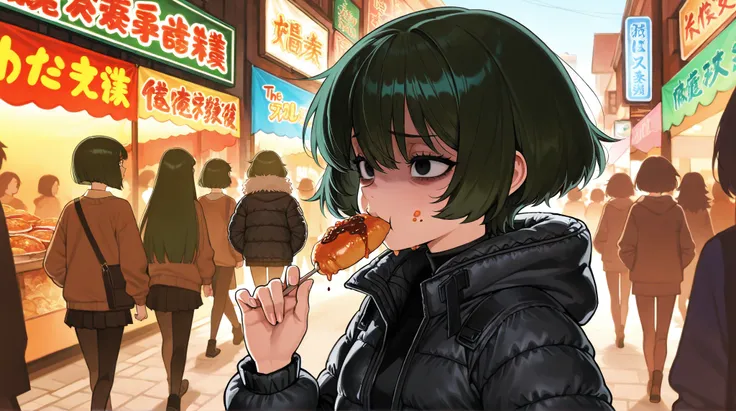 (A girl, the girl is , the girl has short hair, the girl has an airy bob, the girl has a scary look in her eyes, the girl has dark green hair, the girls hair is a little fluffy, the girl is eating while walking, the girl is eating disgusting looking food, ...