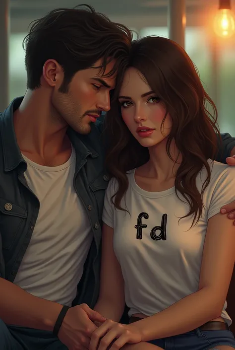 A handsome guy sitting next to a brunette is a beautiful brunette girl has to write FD on her masculine t-shirt