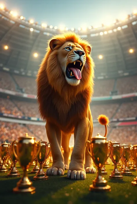 A lion celebrating with 39 trophies in a football stadium 