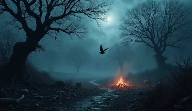 A dark, eerie cremation ground under a stormy night sky. The area is covered with ash and scattered bones, with faintly glowing embers from dying funeral pyres. Gnarled trees with twisted branches surround the ground, and large black crows are perched, caw...