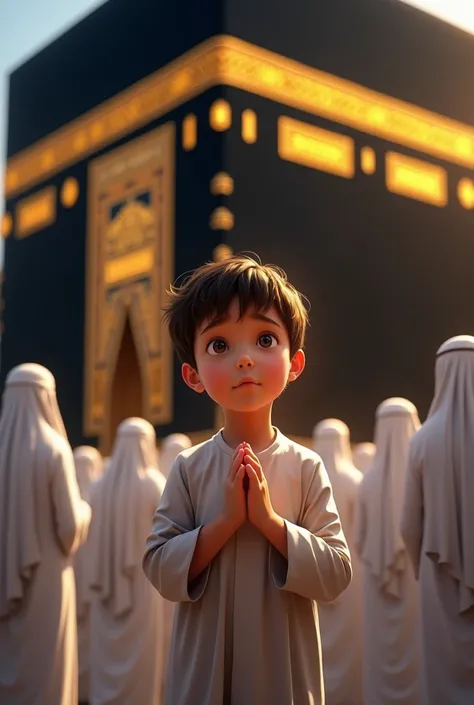 "The boy standing close to the Kaaba, with his hands raised in Dua. The Kaabas golden door and black cloth (Kiswah) are in clear detail behind him. The boys face is lit with spiritual serenity as he makes his prayer, surrounded by other pilgrims."
