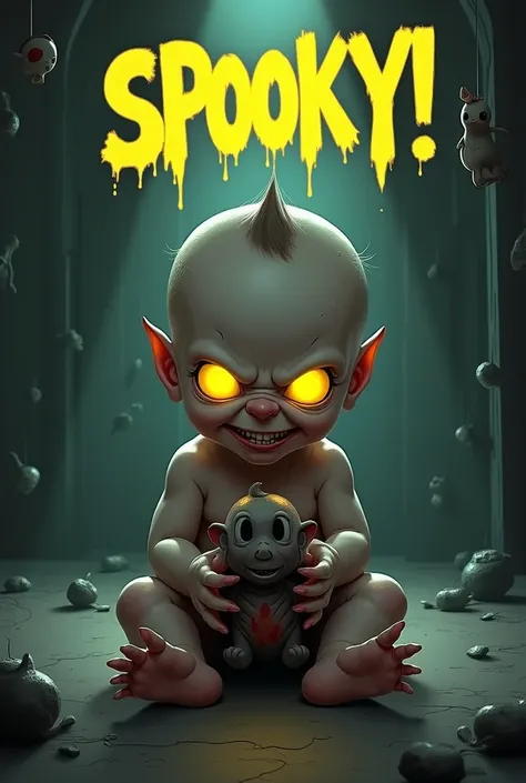 "Create a creepy yet playful thumbnail featuring the sinister baby with glowing yellow eyes, sitting in a dimly lit room. The baby should have a mischievous smirk, holding a toy that looks unnervingly sinister. In the background, include eerie elements lik...