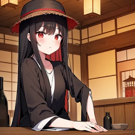 One medium size anime girl with long black hair and red eyes wearing a black straw hat and an ancient long sleeve black shirt with red outlines and black long pants  looking drunk at the bar with 3 empty sake bottles on it in a ancient Japanese tavern at n...