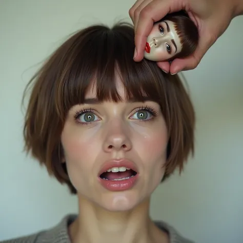 A hand holds a severed head of a dead woman by the hair. She has beautiful straight thick smooth silky light brunette short pixie hair with bangs. Her face showing fear. Her eyes and mouth are wide open. Light background.