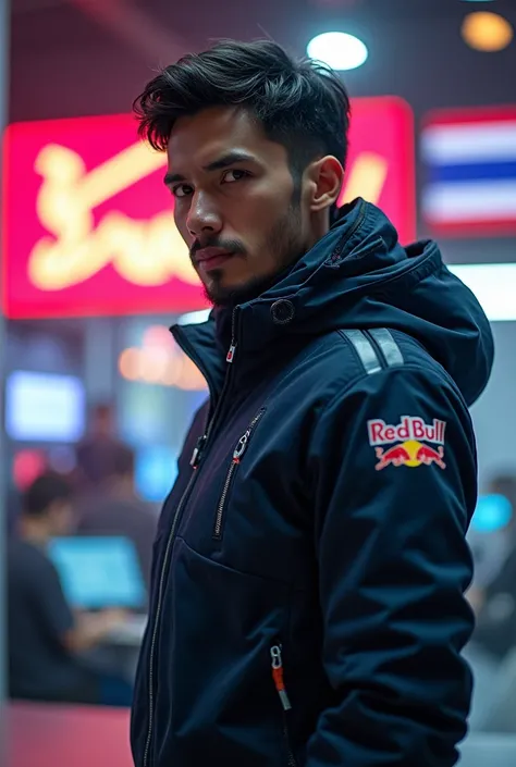 Made a man of the future year 2330. I worked in the Redbull company, with the Thai flag behind the scenes.