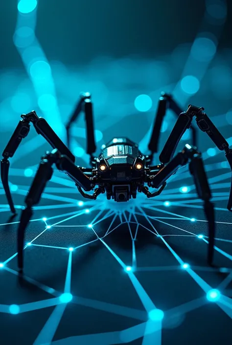 Robot spider on a glowing web, symbolizing cybersecurity and digital networks blue and black