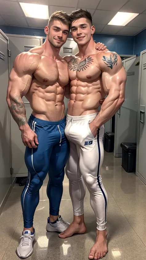 white skin,  18 year old bodybuilder, highschool freshman,  dressed in tight-fitting pants, toppless, many tattoos, cute young face,  high detail faces, full body focus, 2 bodybuilders in the picture, friends hugging each other from behind. Shoot from a lo...