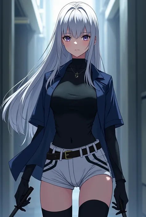 a 16-year-old anime girl with long white hair wearing a dark blue short-sleeved jacket and had a very tight black fabric on each arm and each leg that looked like a very tight and tight black jumpsuit while wearing white shorts with a black line on each si...