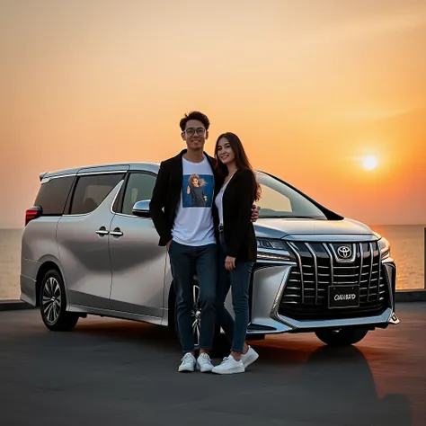 The beauty in silver ,  TOYOTA ALPHARD stands as proof of timeless elegance against the backdrop of a stunning sunset.
 Standing a handsome korean young man again hugging a beautiful korean woman the car cover ,  wearing a black jacket inside a white T-shi...