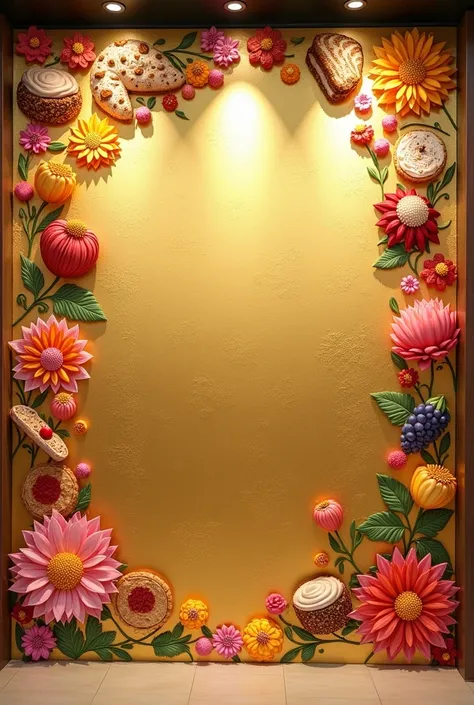 A wall with golden textured background with floral patterns and food pictures within