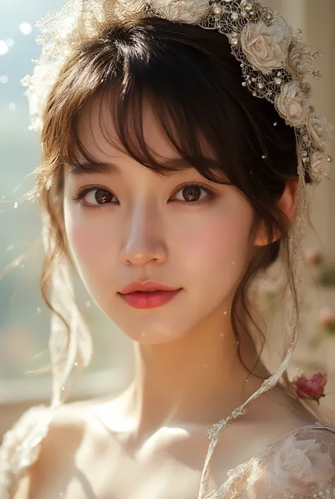 A breathtakingly beautiful and majestic close-up portrait of an East-Asian woman with delicate, doll-like features. Her luminous, porcelain-like skin glows softly in the ethereal light. She wears an intricately designed, flowing gown adorned with elegant l...