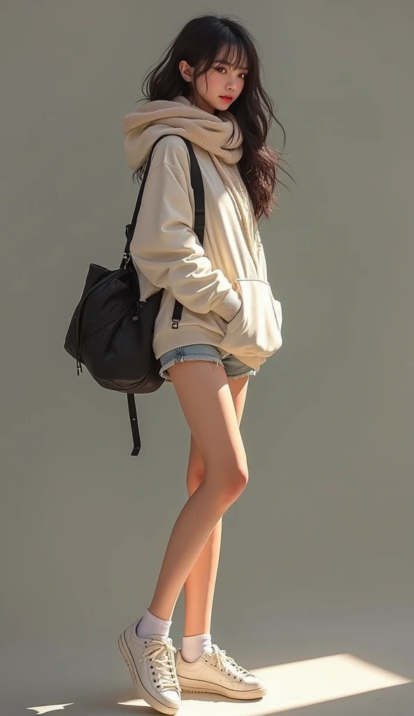         Korean woman with the most beautiful legs in the world     ,,   Her legs are very thin     ,    she has very long legs     ,         her skin is so white and beautiful      ,     shes wearing ripped shorts  ,  Big Hoodie ,   and a warm scarf      ,...