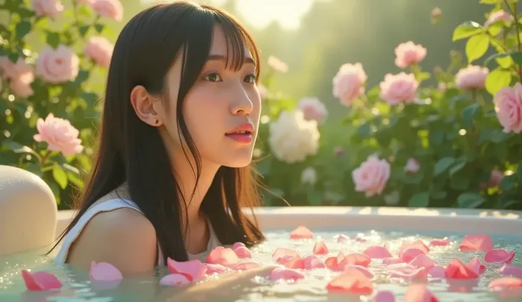 a cute girl bathing in a flower-filled garden, long flowing hair, beautiful detailed eyes, beautiful detailed lips, extremely detailed face, longeyelashes, porcelain skin, serene expression, rose petals floating in the water, sunlight filtering through tre...