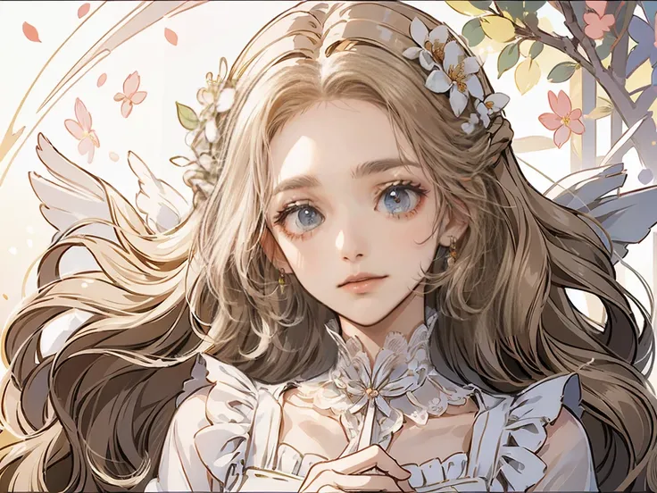 "Fantasy-style illustration of a noblewoman named Erianne Blanche. She has long, wavy golden-blonde hair that flows down to her waist, glowing softly in the sunlight. Her eyes are clear, bright sky-blue, radiating warmth and kindness. Her skin is fair and ...