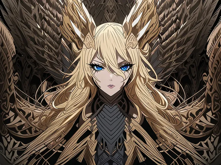 A beauty girl valkyrie, Anime skin texture ,(winged helmet:1.1), ( Valkyrie Armor :1.2), 8k Alta definición,  incredibly detailed, intricate, elegant, 1 girl,  high resolution ,  long hair,  blond hair , fringe,  Hair between eyes , breasts, Devils eyes, w...