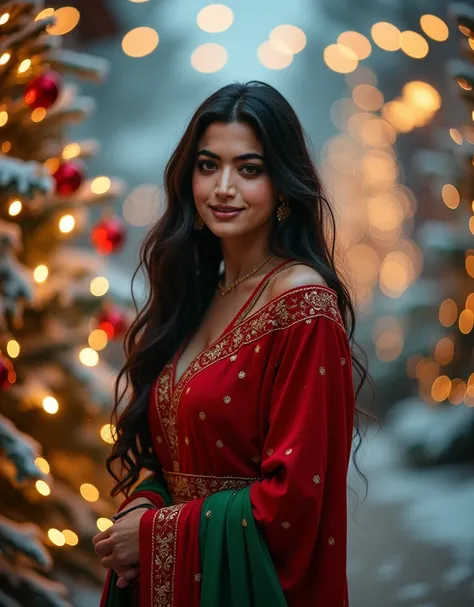 Professional Photography, A beautiful girl 23 year old, Thick Black and brown Hair, White skin, very attractive and curvy figure, Happy Face, wearing Christmas Costume, Full covered Churidar(Red and Green color), (No cleavage), Christmas Vibe, Led lights, ...