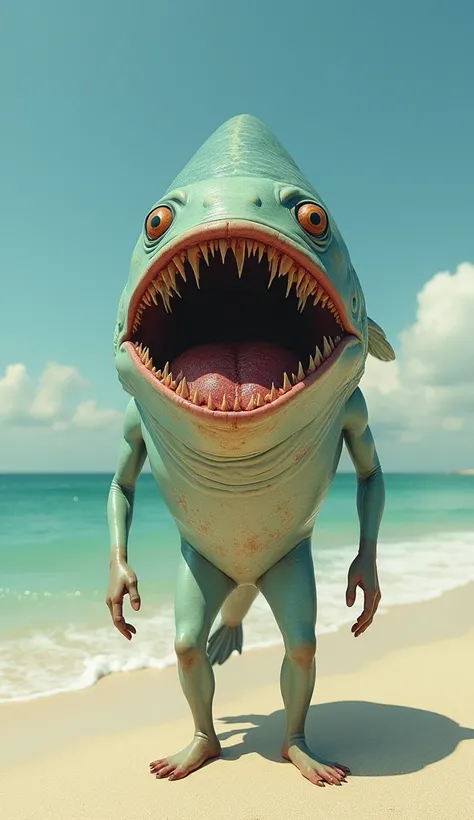 Create a image of a fish 
man mouth looks like a horror I am very hilarious that is stand on the beach 