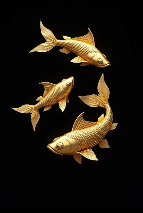 3 gold-plated fishes swimming full black background high resolution 
