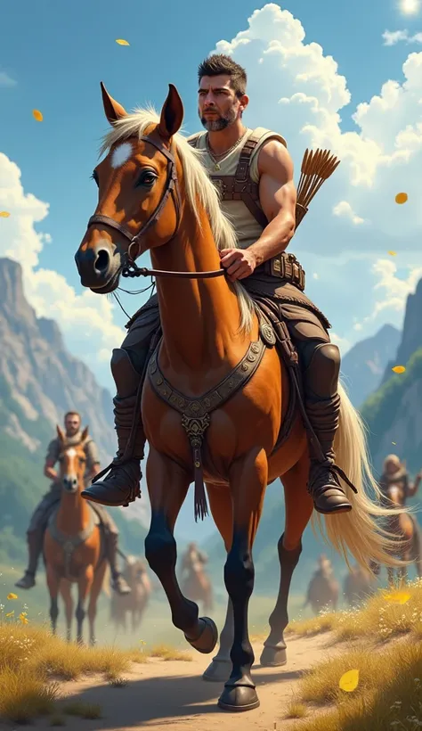 A vibrantly colored digital art illustration, full-length head-to-toe portrait of a centaur, half-man and half-horse, short spiked hair, deep honey-colored eyes, mysterious-looking and a stubble beard, a A quiver with arrows and a bow hangs on his back, th...