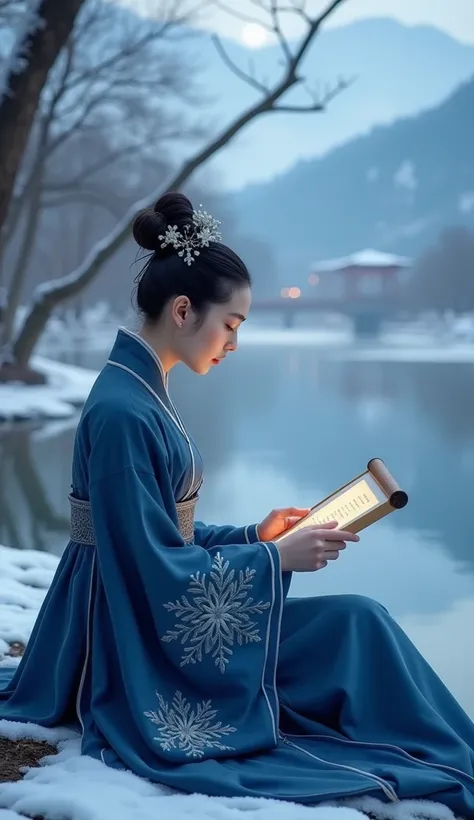 Hgraphic elements, Dynamic Light, Cinematics, HDR, UHD, professional PHOTOGRAPH OF"  a beautiful ancient Chinese girl set in the serene winter landscape inspired by Meng Jiaos poem "Night view of Luqiao" (Evening View at Luo Bridge).

Girl’s Description:
O...