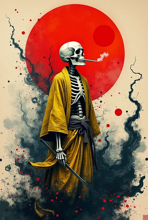 Elaborate Surrealism Artistic abstract painting distorted and transformed inspired by traditional Japanese aesthetics .  The centerpiece is a large bright red sun and a standing skull skeleton smoking cigarette wearable titanium copper witchs robe checkere...