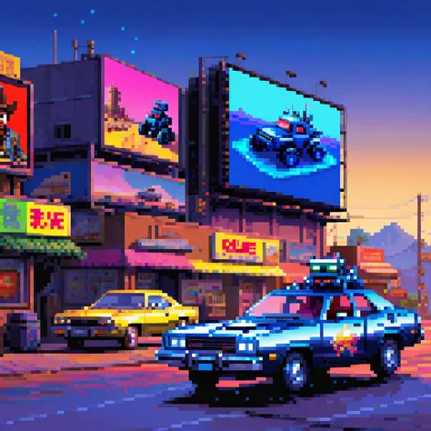 A cowboy driving a neon style Dodge car, a deep blue sky, and an electronic screen billboard next to the Dodge car, the electronic screen billboard displays an advertisement for robots，8bit, pixel art