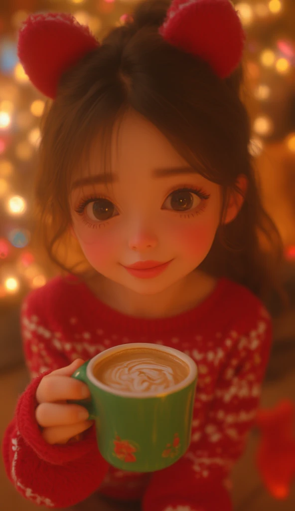 A beautiful woman with beautiful eyes:1.2, detailed eyes, beautiful full lips, highly detailed eyes and faces, long eyelashes, cute expression, smile, sitting:1.4, holding a cup of hot latte, homely background, Christmas sweater, fireplace, warm light, det...