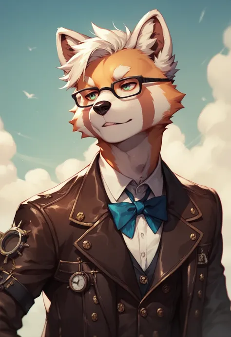 a male red panda, with glasses, steampunk, leather jacket, no background, white backgound