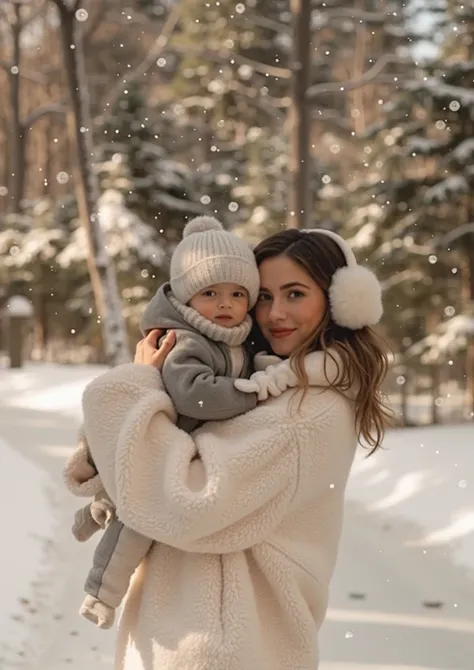 woman is holding her son standing outside in snow winter clothes