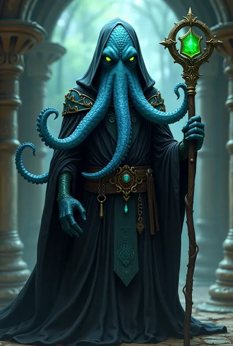 Create Baldurs Gate style a half-human being half octopus with blue scales with green eyes with green magic runes through the body wearing a black arcane robe with blue runes holding a magic staff with blue runes with a magic jewel at the tip in an arcane ...