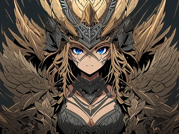 A beauty girl valkyrie, Anime skin texture ,(winged helmet:1.1), ( Valkyrie Armor :1.2), 8k Alta definición,  incredibly detailed, intricate, elegant, 1 girl,  high resolution, long hair, blond hair, fringe, Hair between eyes, breasts, Devils eyes, wicked,...