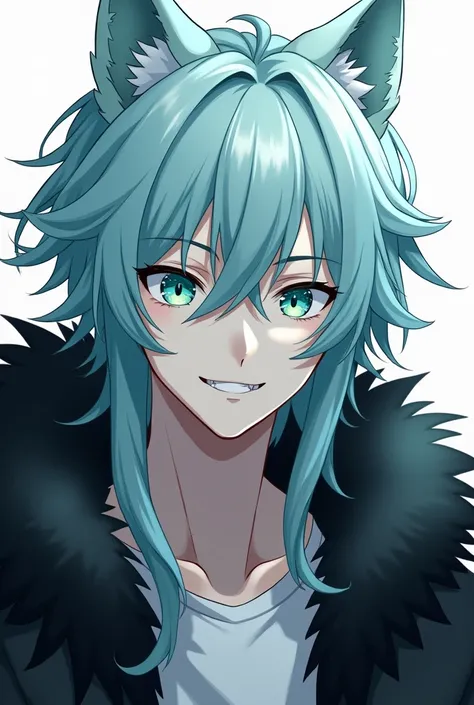 man, Wolf boy anime,  long light blue hair,  mint green eyes ,  white skin .  black coat , smiling showing his fangs