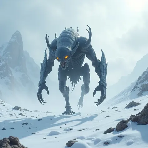 A  predator alien is walking Through a snowy landscape 