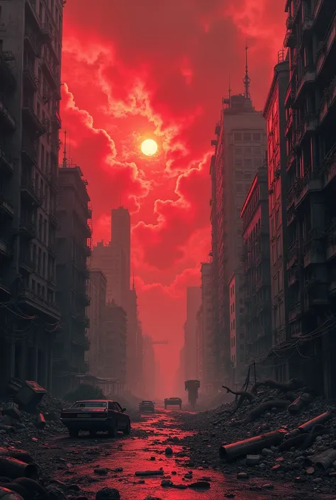 A collapsed city skyline under a blood-red sky, with twisted metal and cracked concrete. The streets are littered with forgotten remnants of the past, and storm clouds swirl ominously overhead.