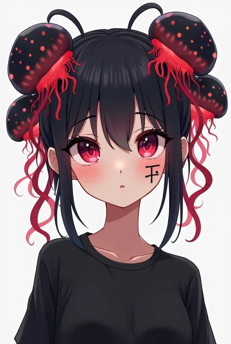 Black Woman Hairstyle Jellyfish Hairstyle Red Eyes White Skin Wearing Black T-Shirt With ¡Symbol On Right Cheek Anime น่ารัก