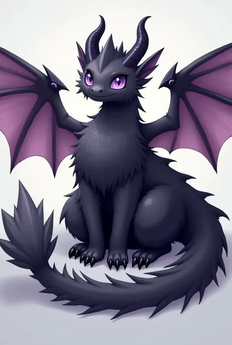  Create a big black dragon with fluffy fur,  which is reminiscent of soft feathers , a long one,  curved tail ,  which is also covered with soft fur .  His wings are large ,  majestic and feathery ,  which gives him an elegant ,  gives him an almost angeli...