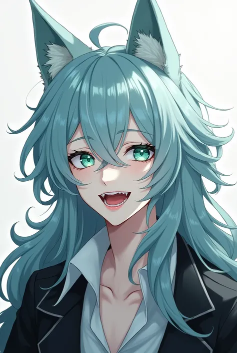 man, Wolf boy anime,   long light blue hair ,  mint green eyes ,   white skin  .   black coat  , smiling showing his fangs